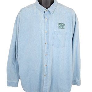 Vintage Tangle Ridge Whiskey Denim Shirt Mens Size 2XL Blue 90s Alcohol Liquor